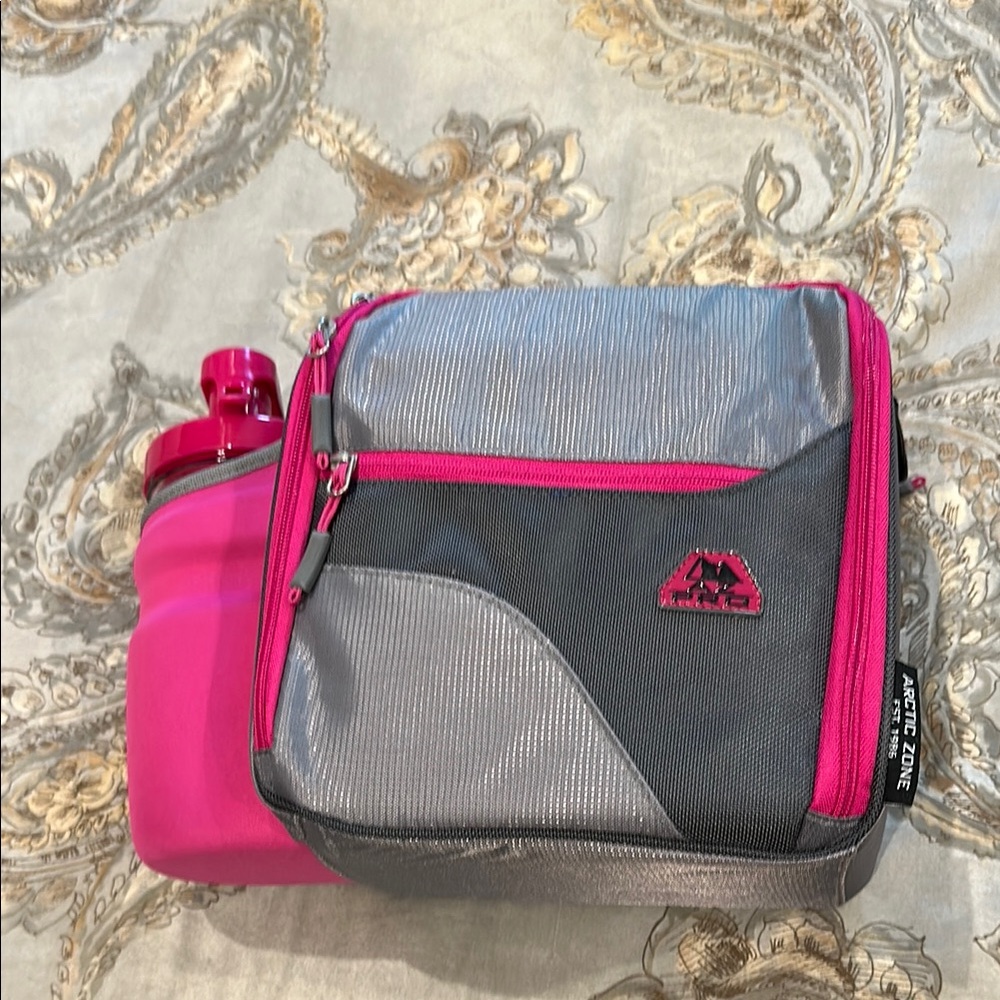 Gray and Pink Lunch Bag with Bottle